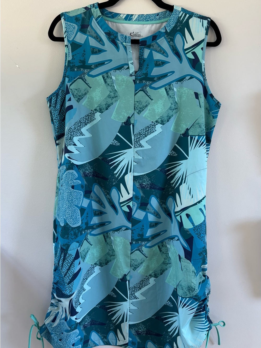 Bass Pro Shops Teal Aqua Leaf-Print Sleeveless Shift Dress